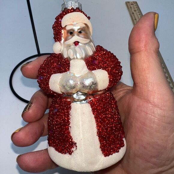 Vintage Glass Hand Painted Beaded Santa Ornament - Picture 4 of 9